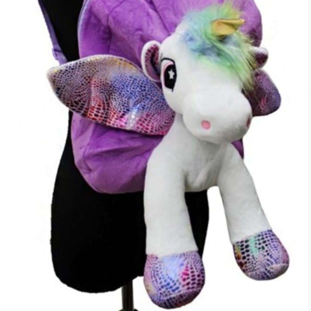 First Two Photos 3D Unicorn Metallic Sequin Fuzzy Furry Plush Backpack Bag - Picture 10 of 10